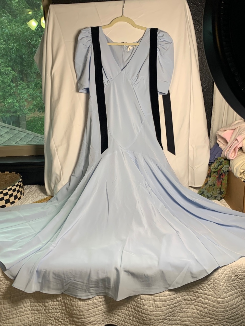 Bohme blue dress NWT - sold out sz XL black velvet bows shoulders (removable) - Picture 11 of 15